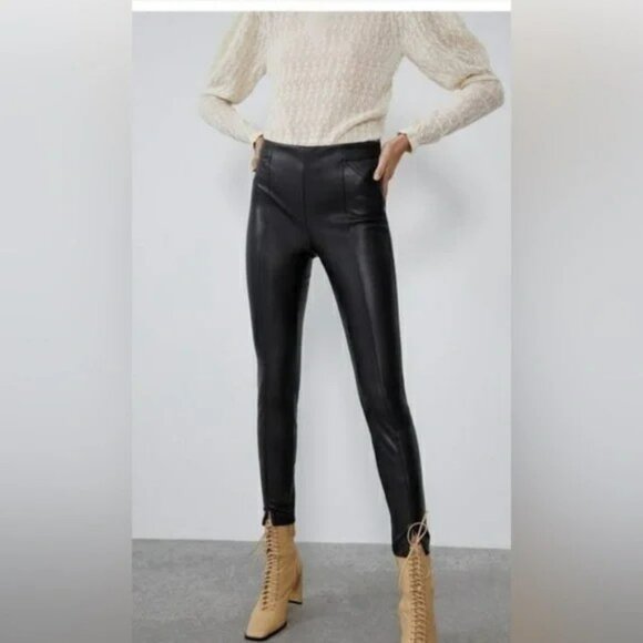 ZARA Black Faux Leather Pants Side Zip and Ankle Zips Sz XS Baddie Urban - Picture 2 of 12